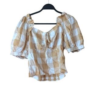 Who What Wear Gingham Brown White Cottagecore Puff Sleeve Top Size Medium